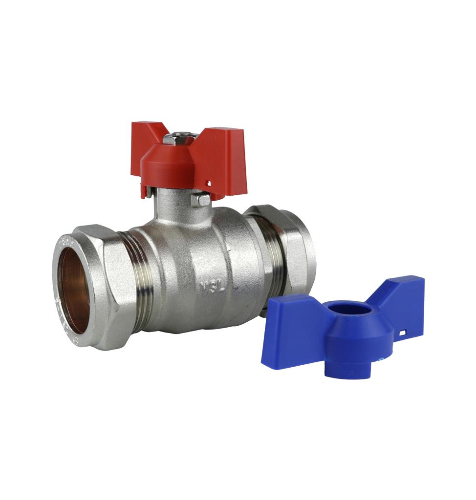 28MM BUTTERFLY BALL VALVE DUAL HANDLES RED & BLUE