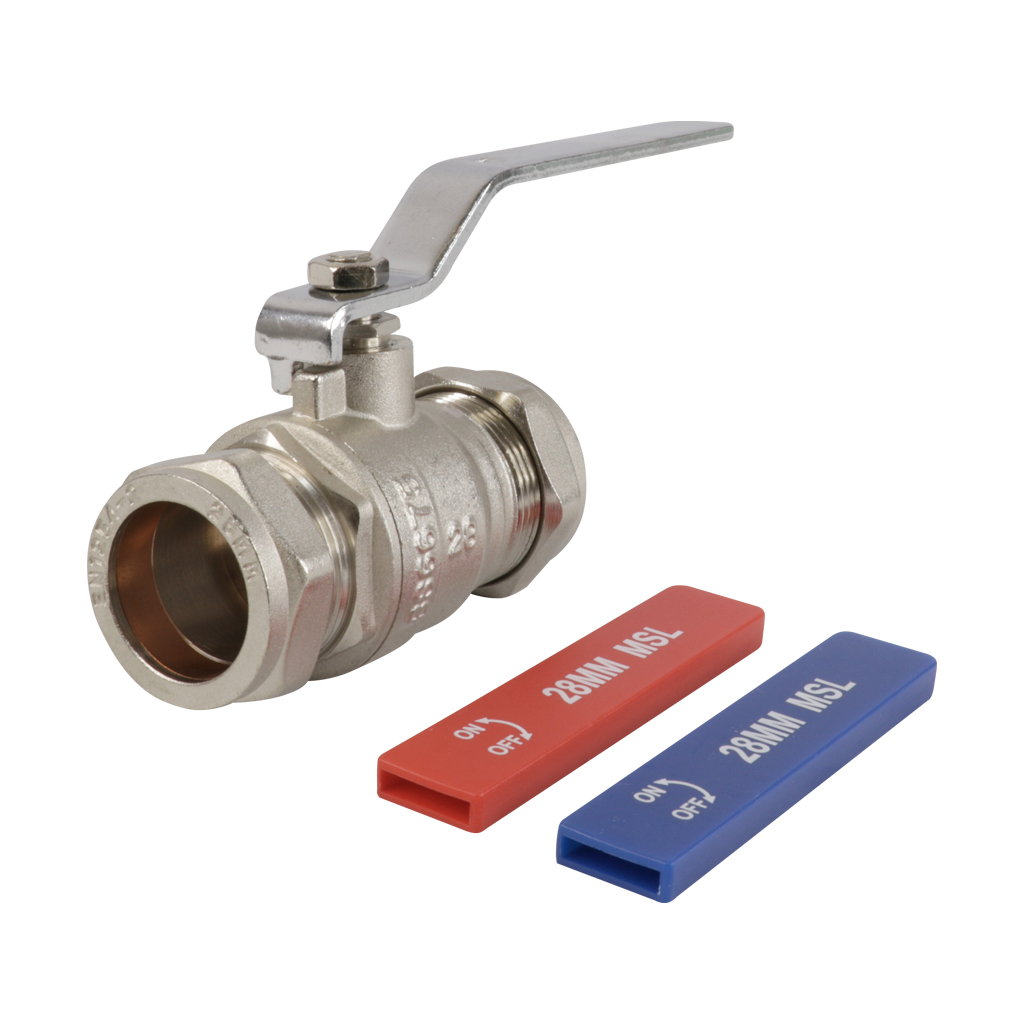 28mm FULL BORE DUAL LEVER BALL VALVE  - 2 Handles Red & Blue