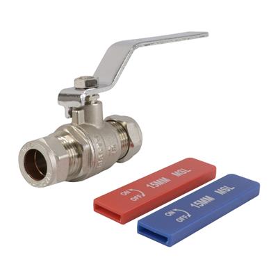 15mm FULL BORE DUAL LEVER BALL VALVE  - 2 Sleeves Red & Blue